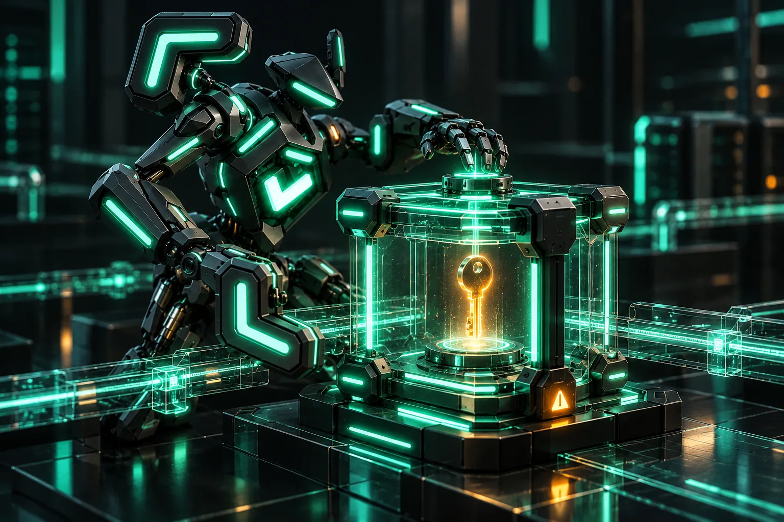 A glowing credential key secured inside a transparent containment chamber